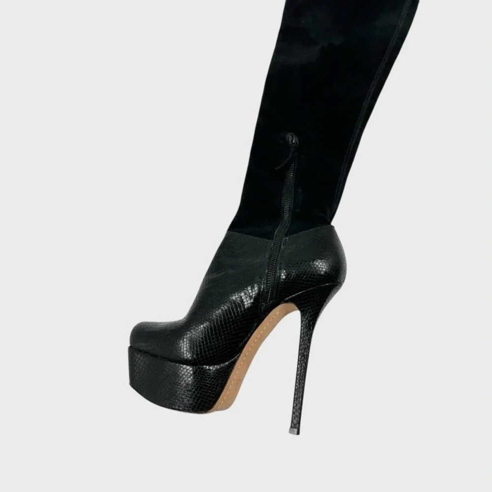 Alice + Olivia Black Thigh-High Platform Stiletto Over-the-Knee Leather Boots